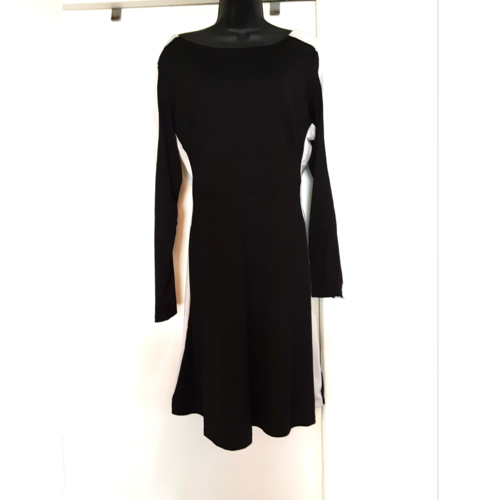 Harve Benard Black A Line Cut Dress W/White Stripes on Arm & Side